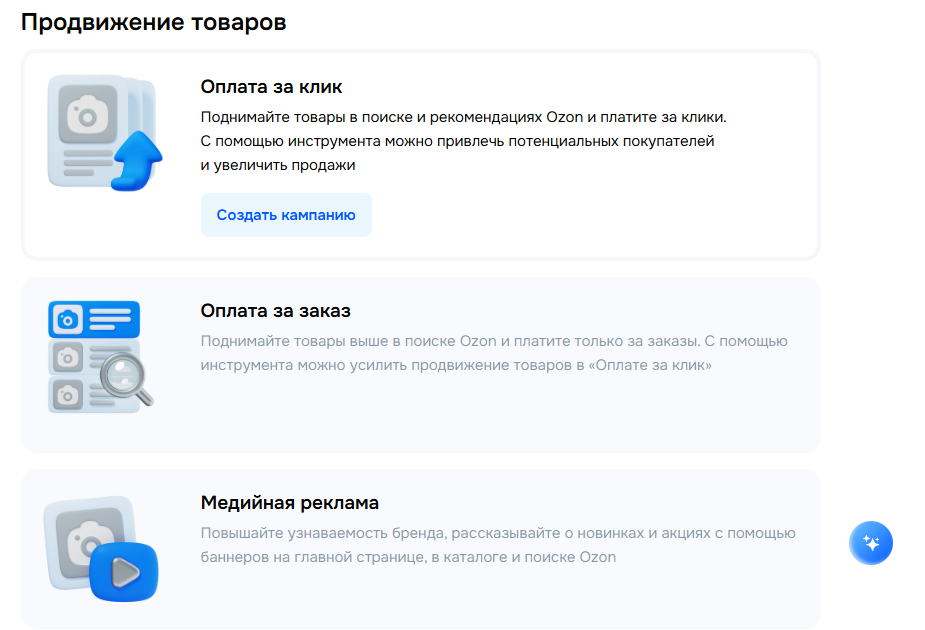 Раздел «Продвижение» в кабинете: Оплата за клик, Оплата за заказ, Медийная реклама