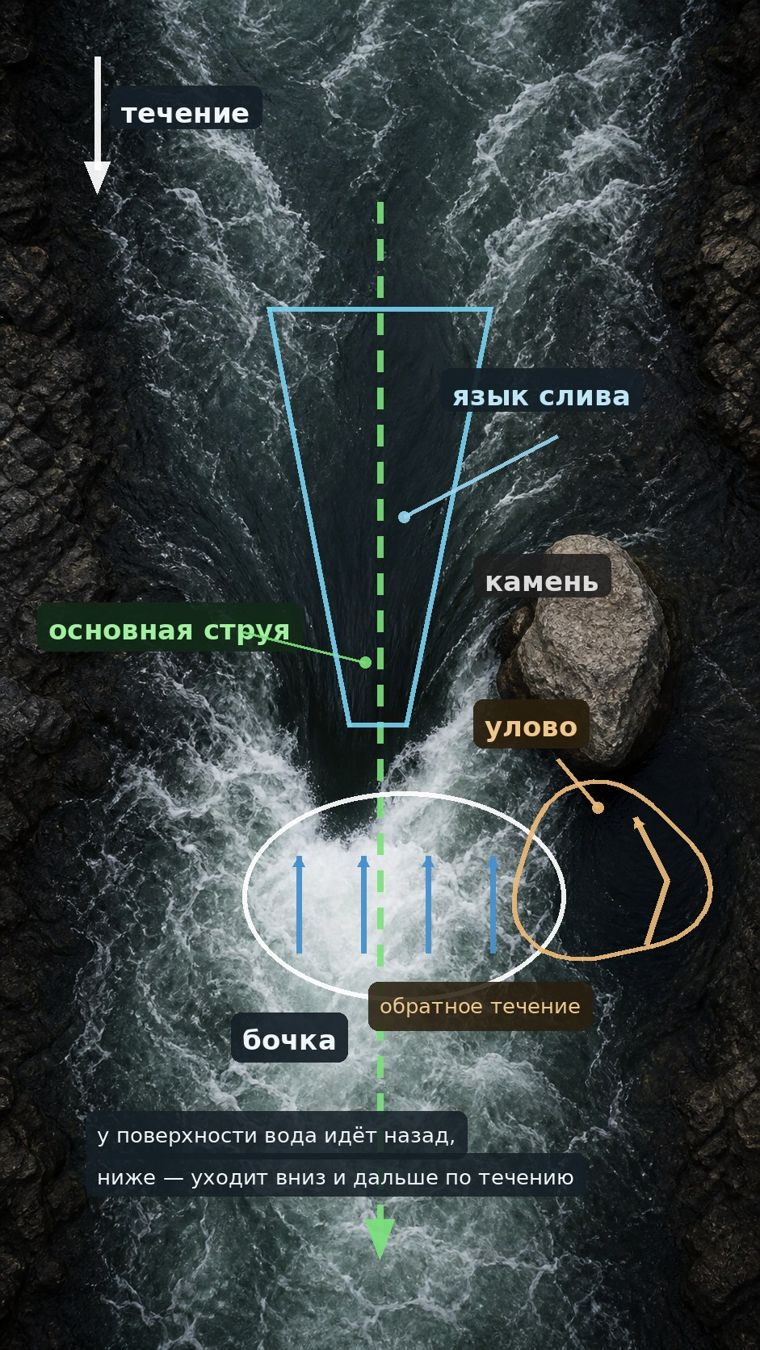 Порог сверху: язык слива, бочка с обратной водой у поверхности, улово за камнем