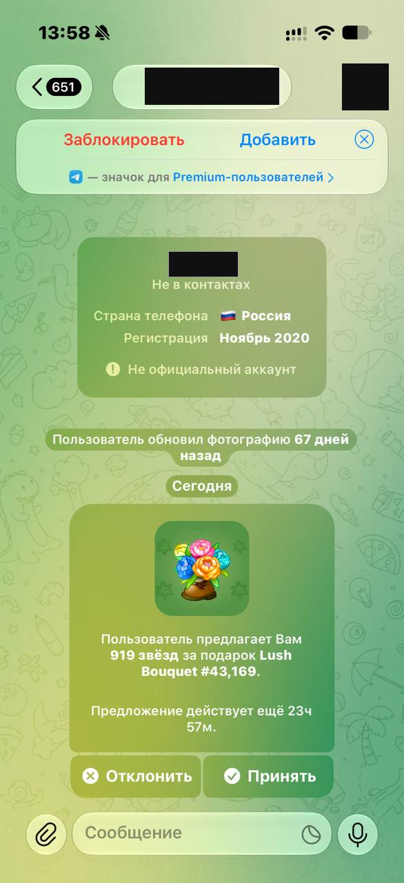 Настоящее предложение о покупке: карточка с изображением подарка, сумма в звёздах и кнопки «Отклонить» и «Принять»