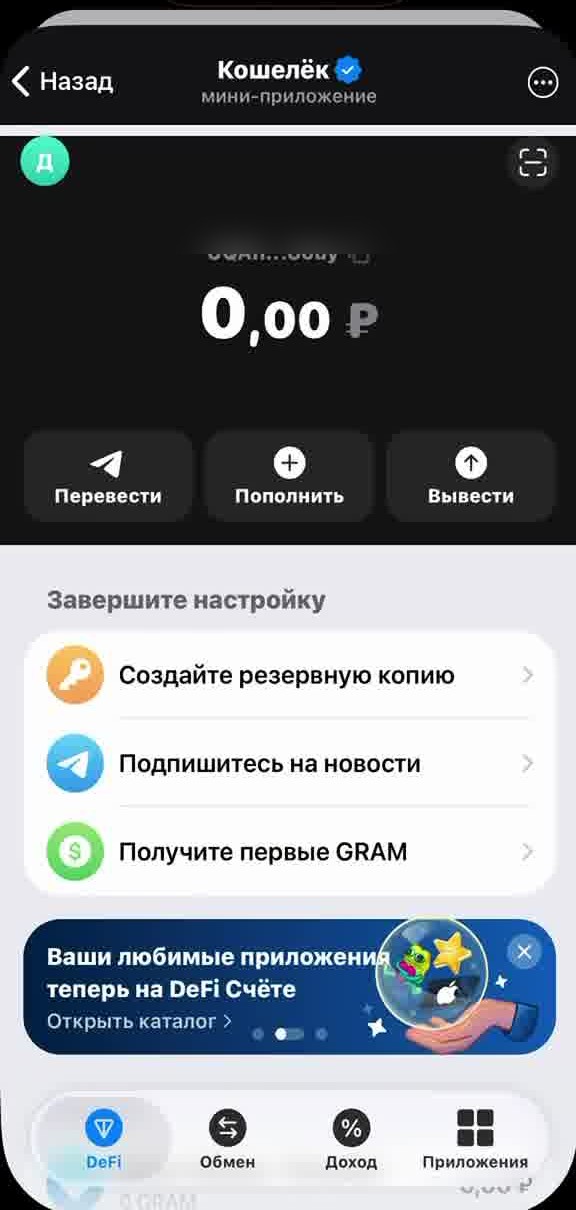DeFi Счёт: свой адрес, кнопки операций и блок «Завершите настройку»